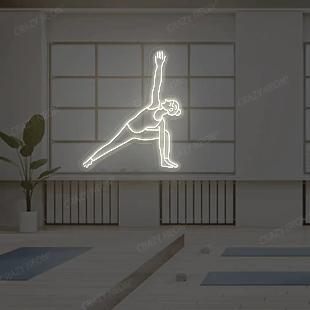 Utthita Parsvakonasana Yoga Neon Sign lighting up in warm white color in a yoga room