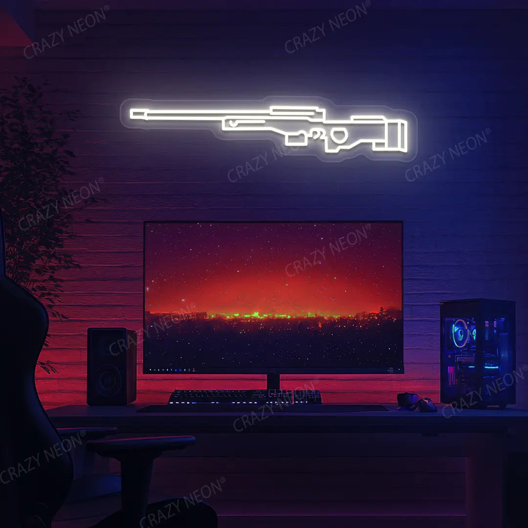 AWM Gaming Gun Neon Sign in White Color