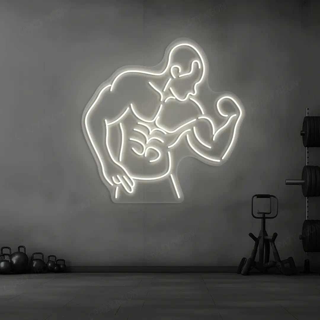 warm white muscle man flex neon sign mounted on a wall