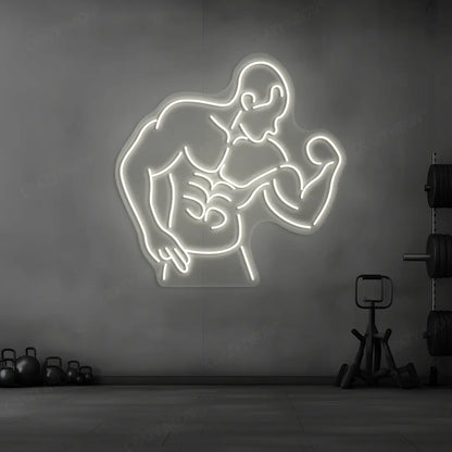 warm white muscle man flex neon sign mounted on a wall