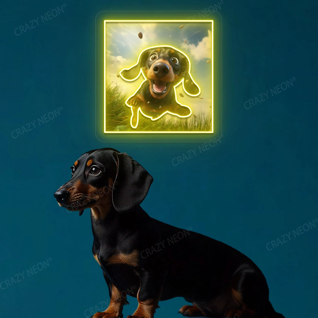 Happy Dachshund Neon Artwork in Yellow color