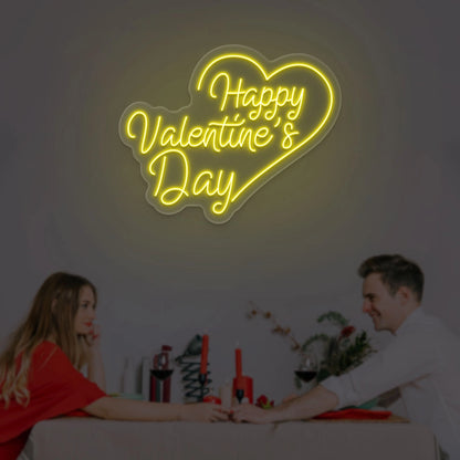 Happy valentine Day With Heart Neon Sign | Yellow