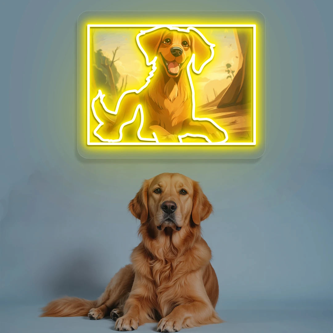 Golden Retriever Portrait Neon Artwork in yellow
