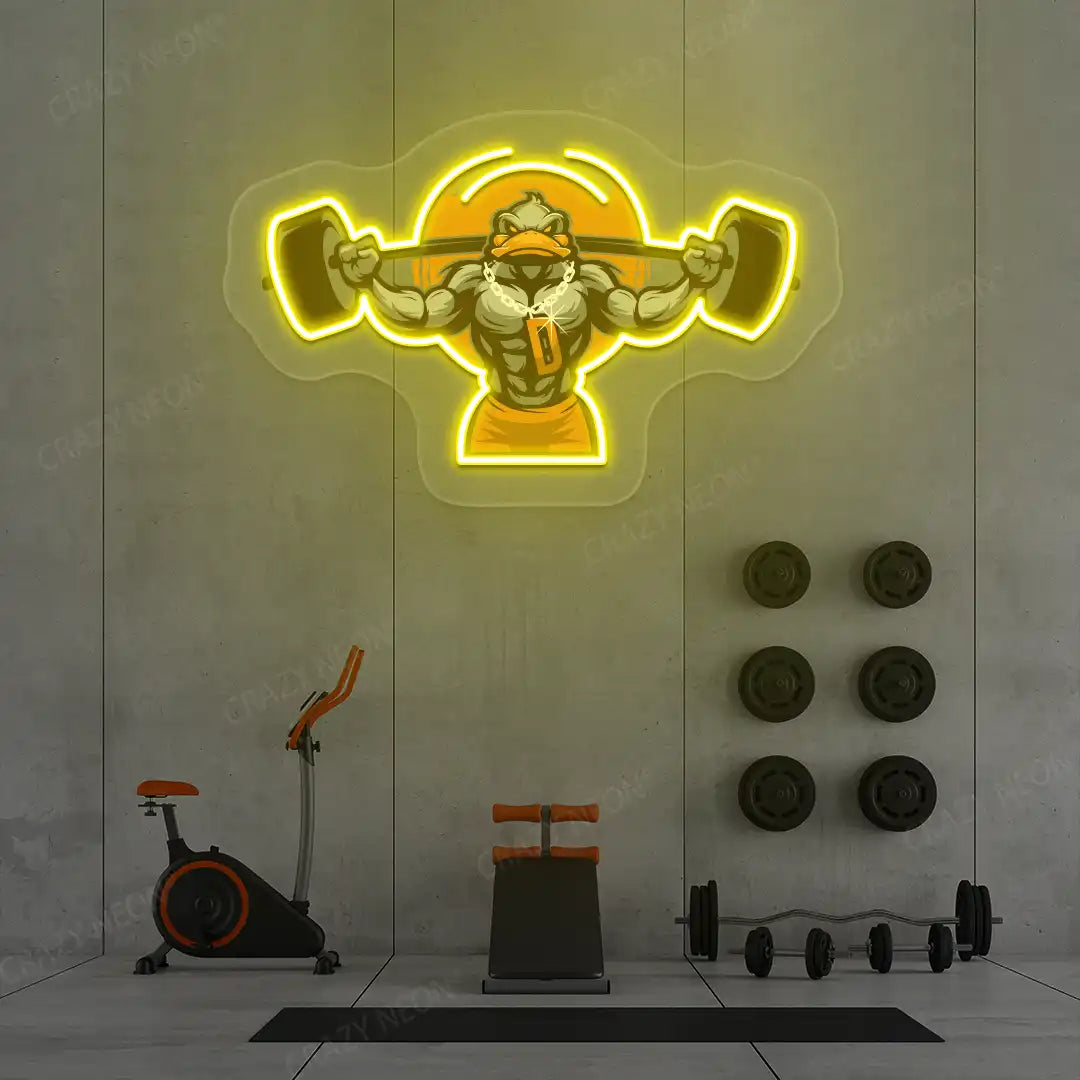 yellow muscular duck powerlifting gym neon artwork mounted on a wall