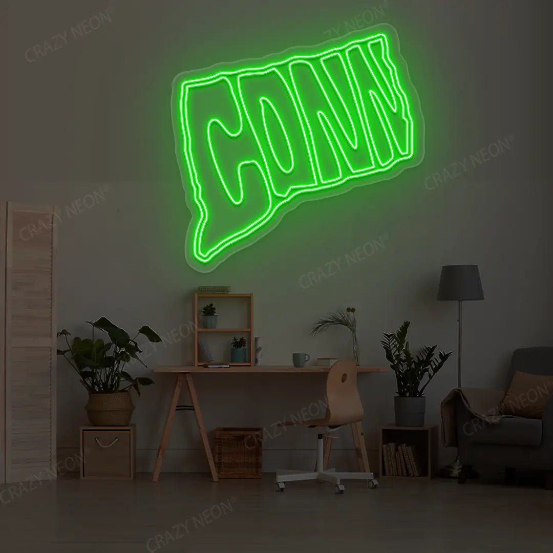CONNECTICUT Map Neon Sign lighting up in green color in a room