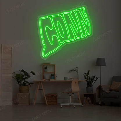 CONNECTICUT Map Neon Sign lighting up in green color in a room