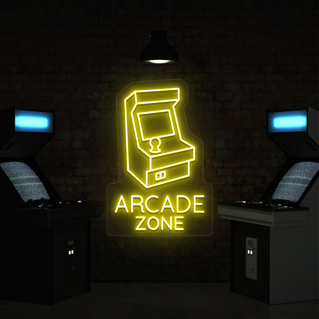 yellow nostalgic arcade zone vintage neon sign mounted on a wall