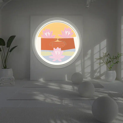 Dhyana Mudra Lotus Neon Artwork lighting up in warm white color in a yoga room