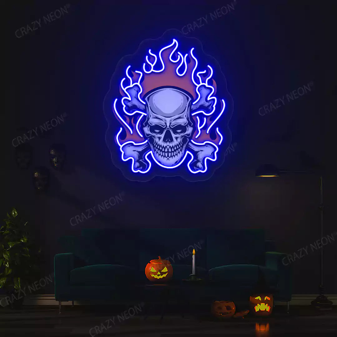 Flaming Skull Neon Artwork | Blue