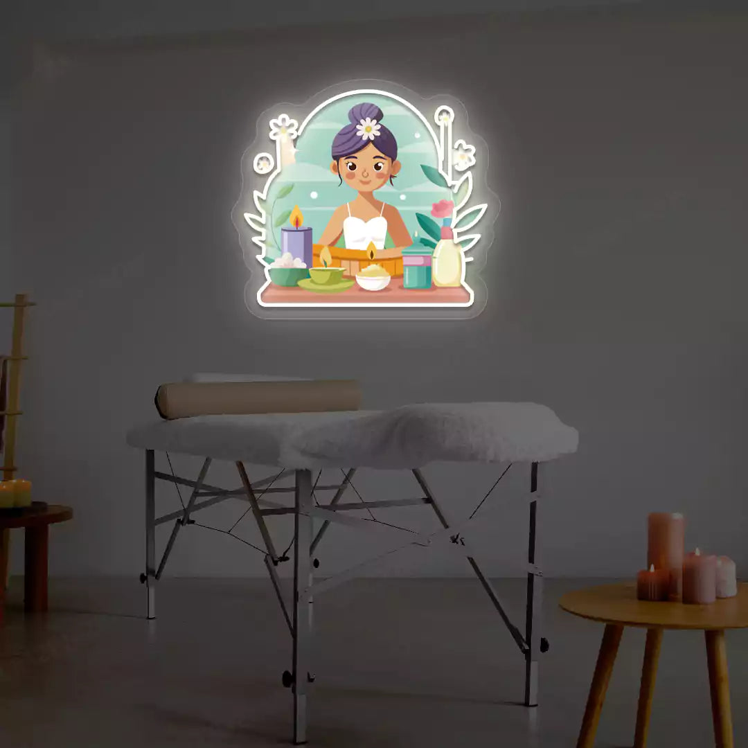 Spa Girl Neon Artwork lighting up in warm white color on a spa wall