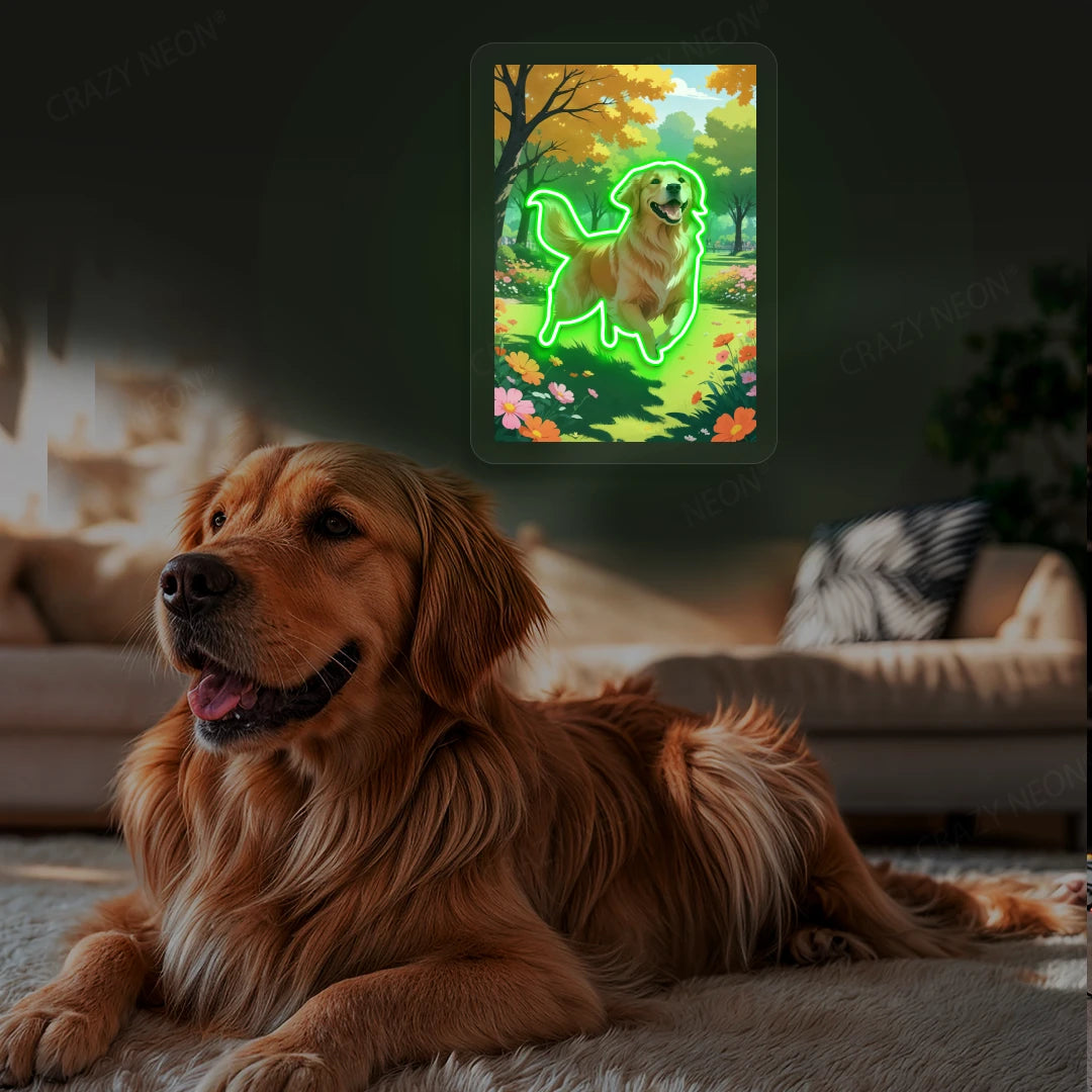 Golden Retriever Garden Portrait Neon Artwork in Green color