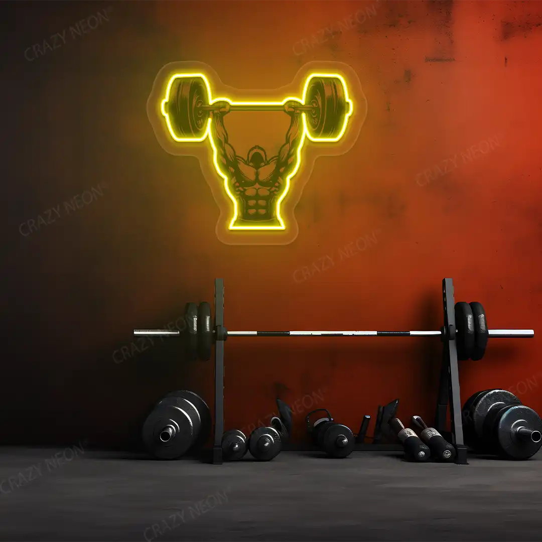 yellow barbell overhead press gym neon artwork mounted on a wall 