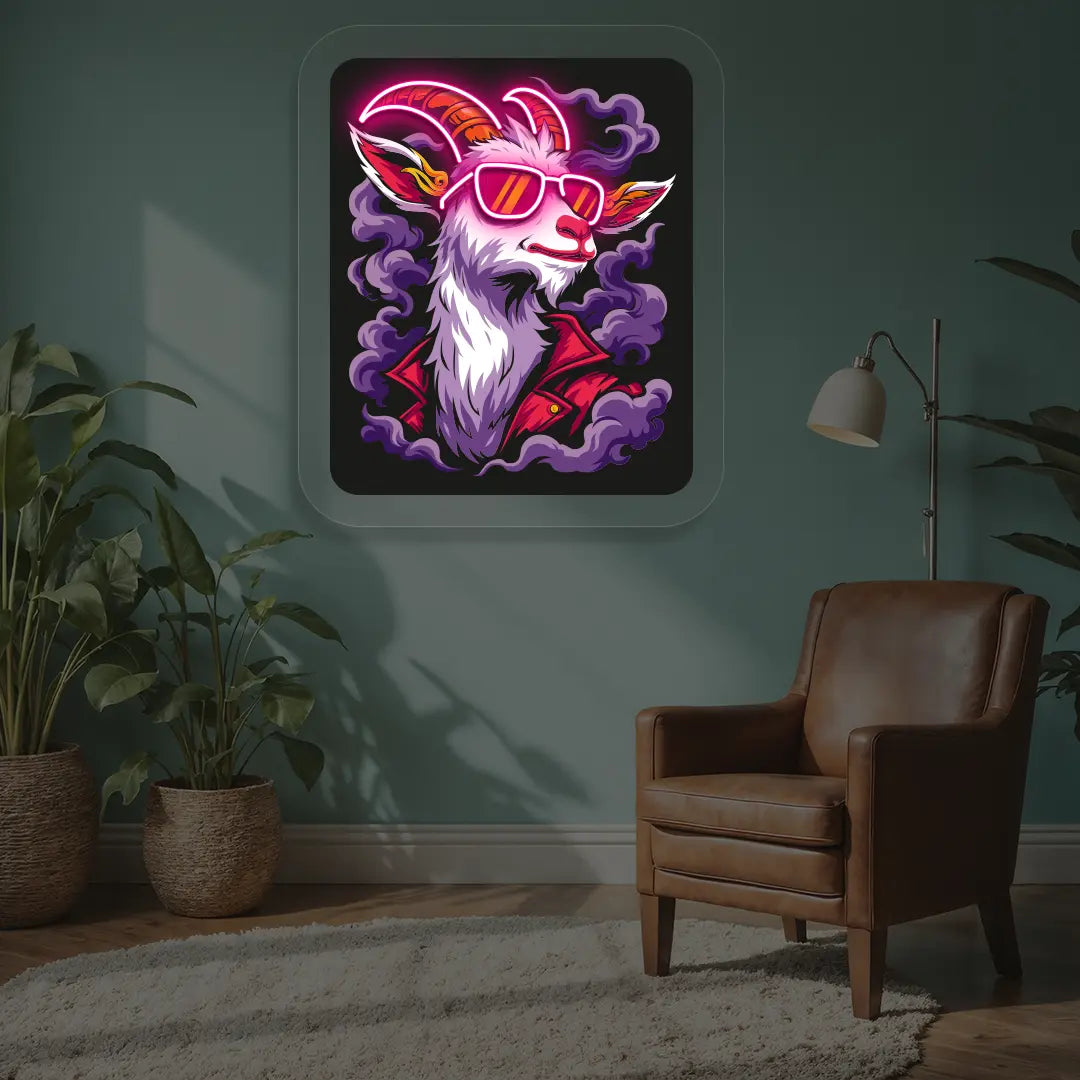Stylish Goat with Sunglasses Neon Artwork in pink color