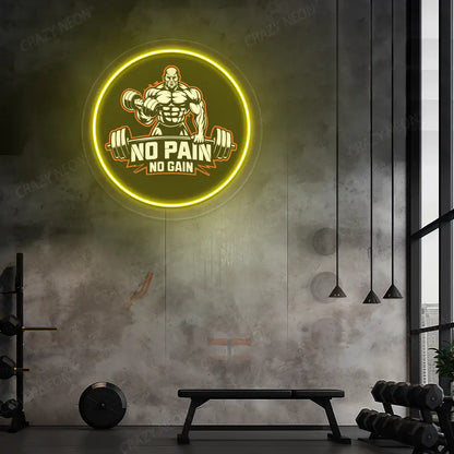 yellow no pain no gain gym neon artwork mounted on a wall