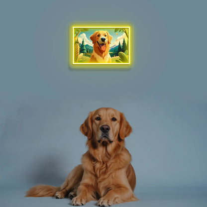 Mountain Trail Golden Retriever Portrait Neon Artwork in yellow color