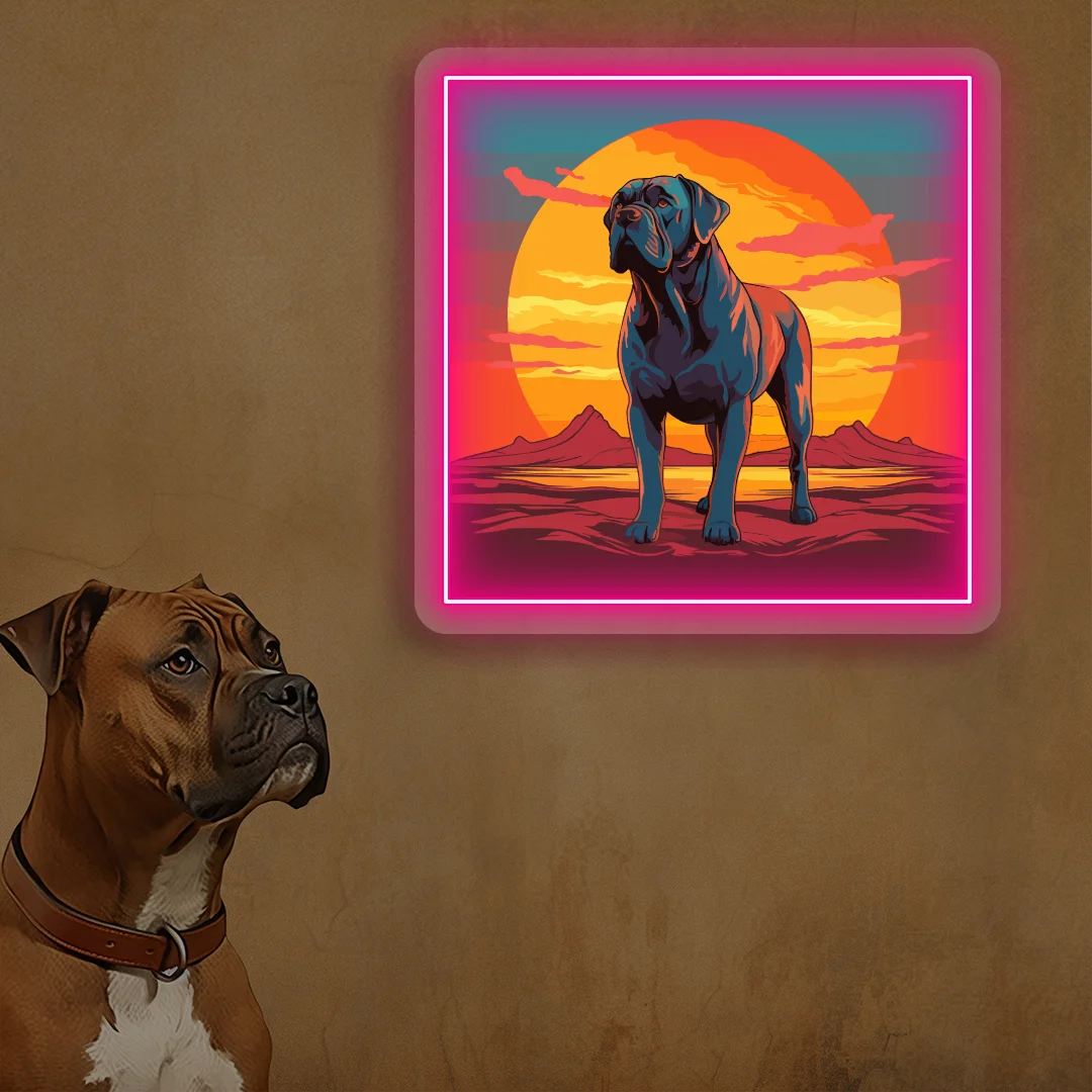 Sunset Canyon Mastiff Dog Neon Artwork in pink color