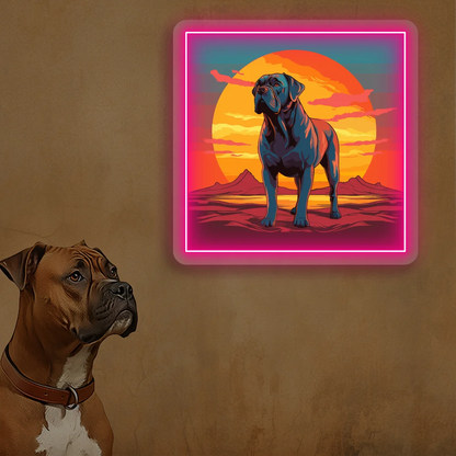 Sunset Canyon Mastiff Dog Neon Artwork in pink color