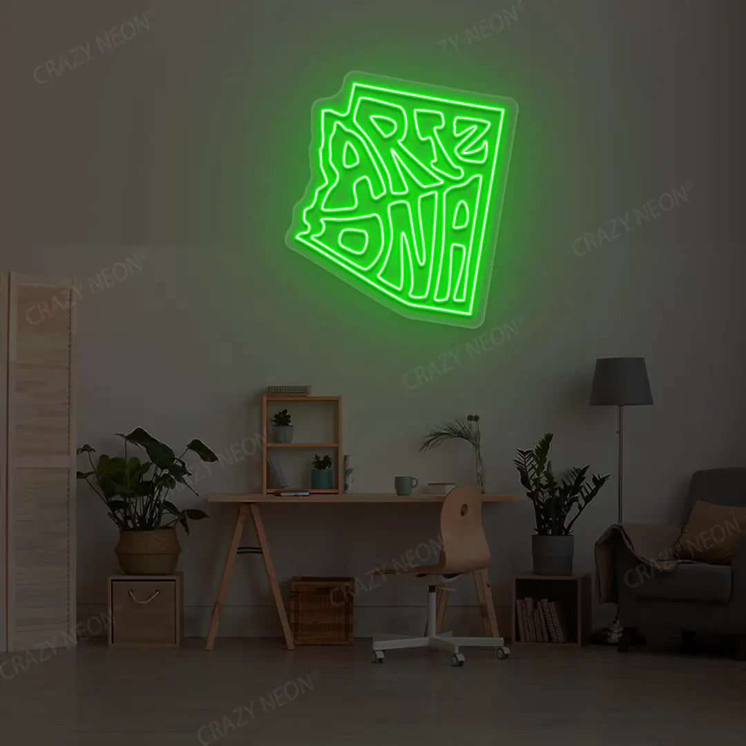 ARIZONA Map Neon Sign lighting up in green color in a room