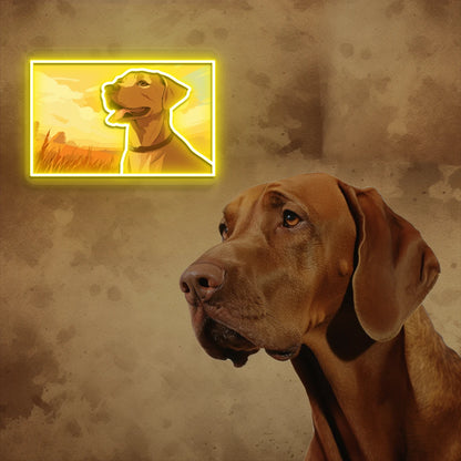 Sunset Field Vizsla Dog Neon Artwork in Yellow color
