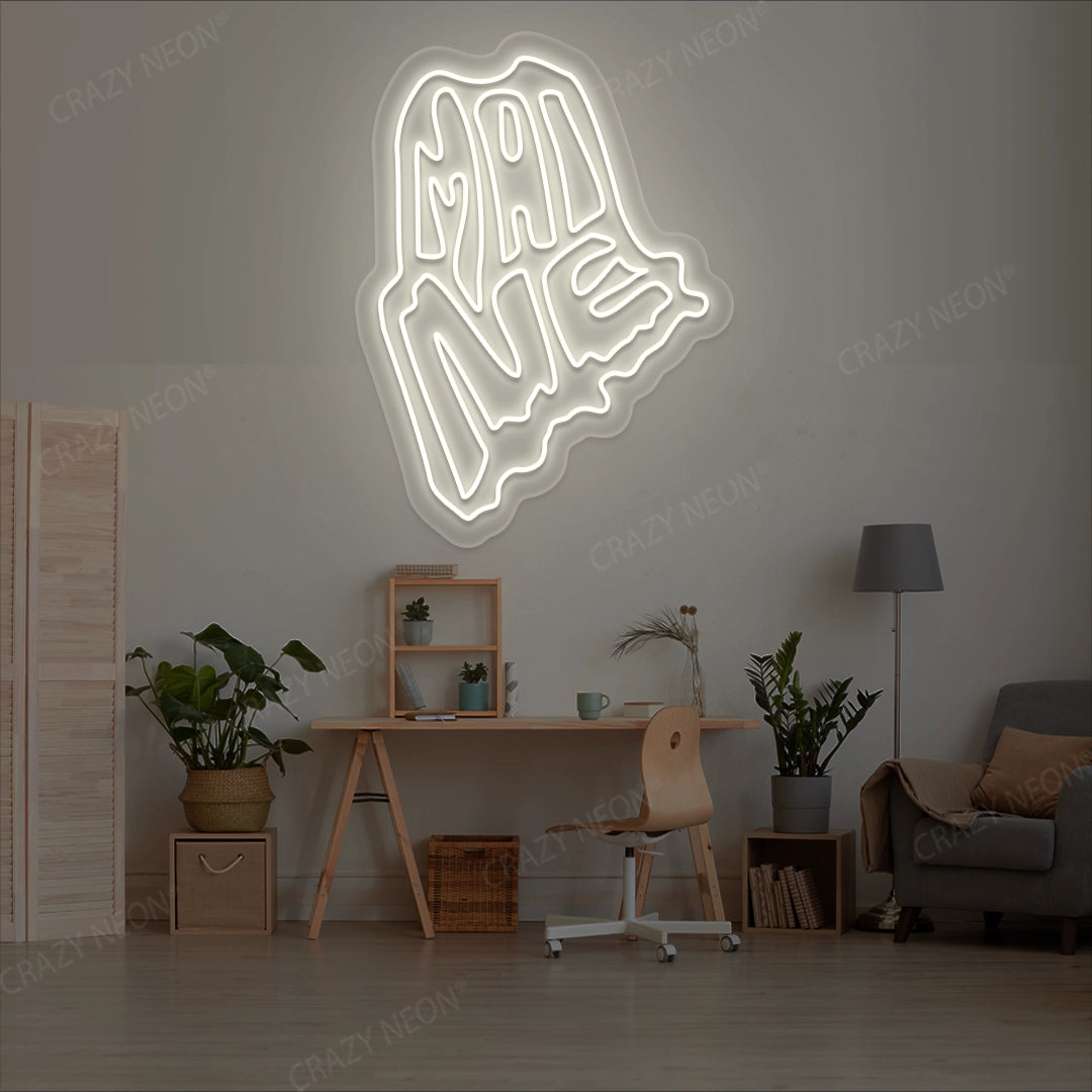 MAINE Map Neon Sign lighting up in warmwhite color in a room