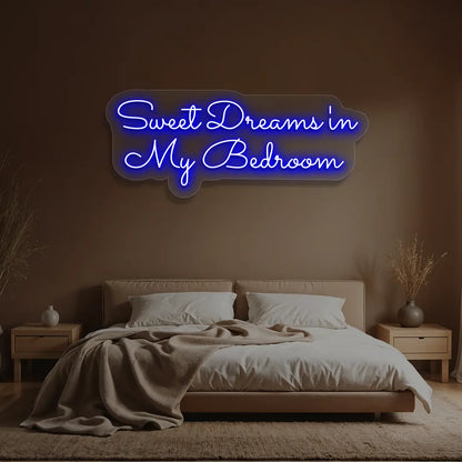 blue sweet dreams in my bedroom neon sign mounted on a wall