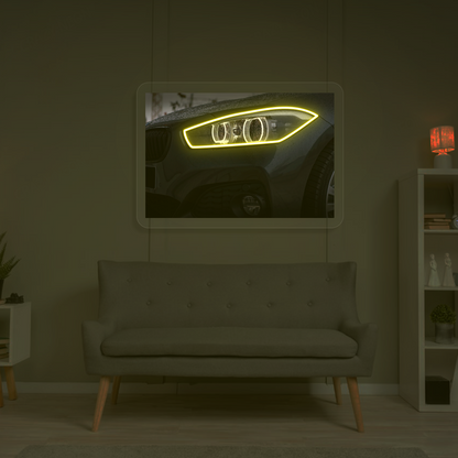 Black BMW Headlight Neon Artwork | Yellow