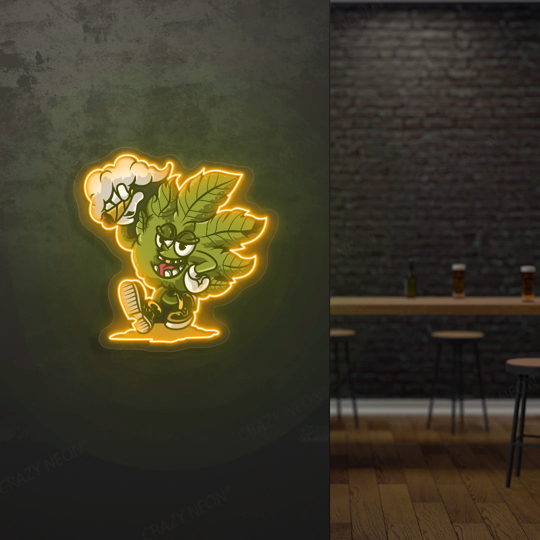 Cool Weed Leaf Character Neon Artwork in Orange Color
