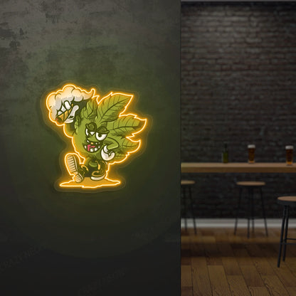 Cool Weed Leaf Character Neon Artwork in Orange Color