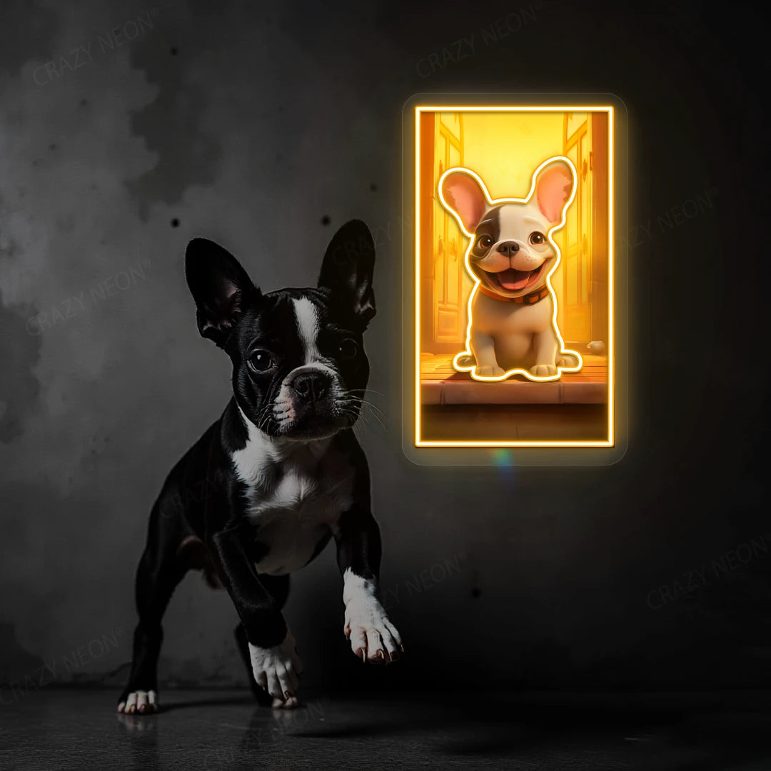 Happy French Bulldog Neon Artwork in Orange Color