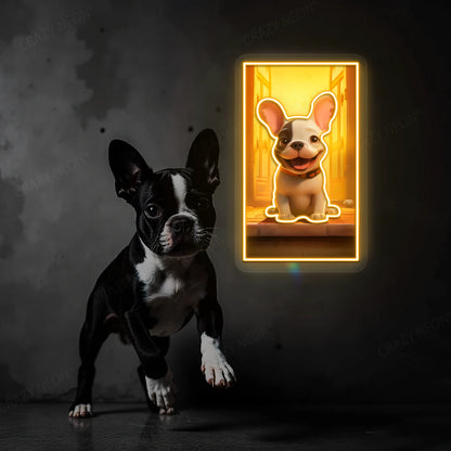 Happy French Bulldog Neon Artwork in Orange Color