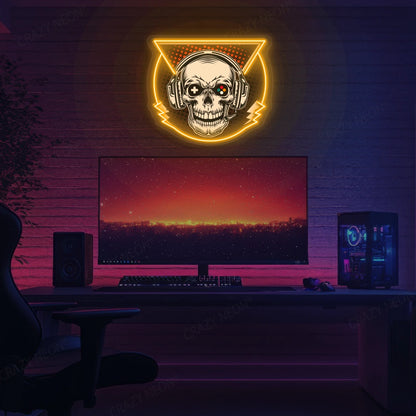 Skull Headphone Gaming Neon Artwork in orange Color