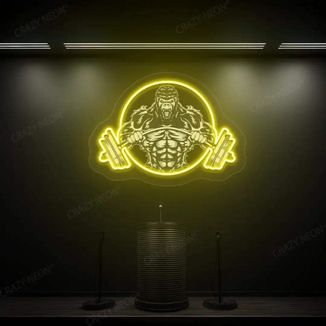 yellow roaring gorilla gym neon artwork mounted on a wall