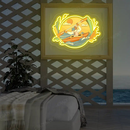 yellow kayak dreamscape neon artwork mounted on a wall