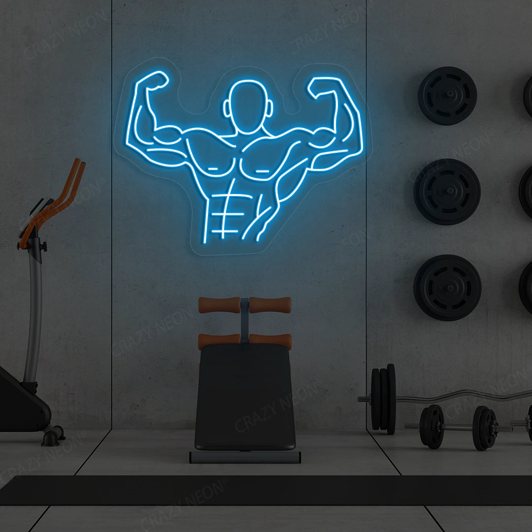 ice blue flexing bodybuilder gym neon sign mounted on a wall