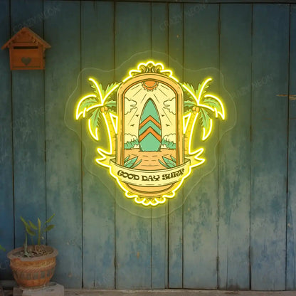 yellow good day surf beach neon artwork mounted on a wall
