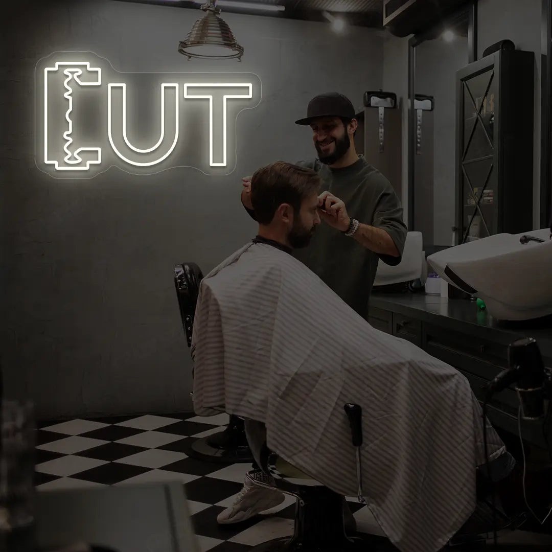 Cut Blade Barber Neon Sign in Warmwhite color