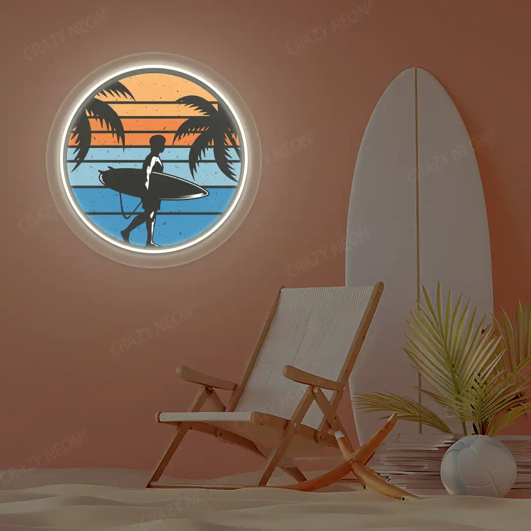 warm white surfer silhouette tropical sunset neon artwork mounted on a wall
