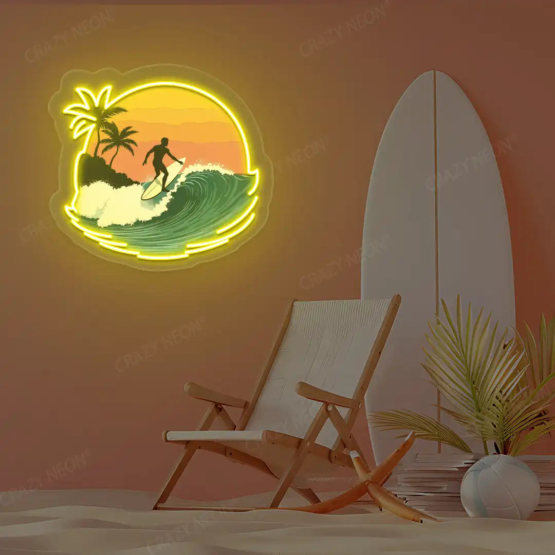 yellow surfer wave palm tree neon artwork mounted on a wall
