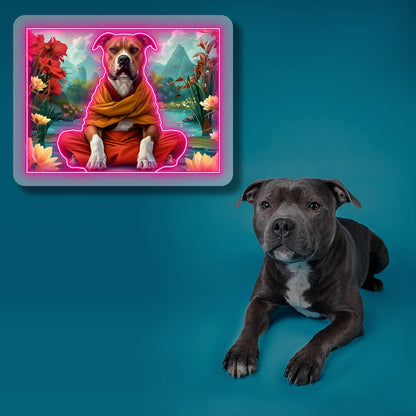 Peaceful Pitbull Monk Scenery Neon Artwork in pink Color