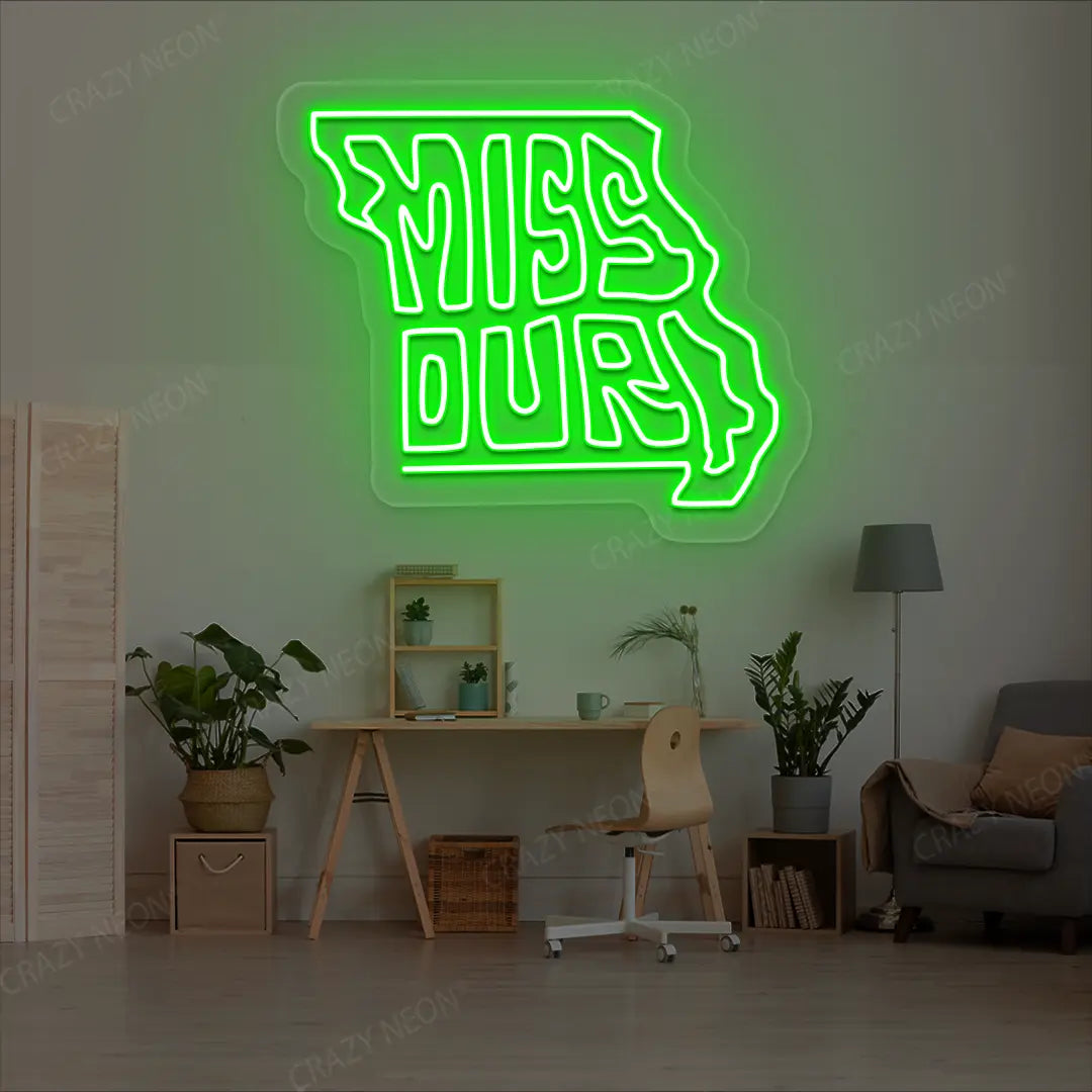 MISSOURI Map Neon Sign lighting up in green color in a room