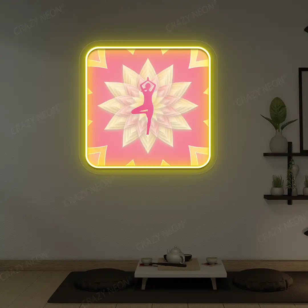 Vrikshasana Mandala Yoga Neon Artwork lighting up in yellow color in a yoga room