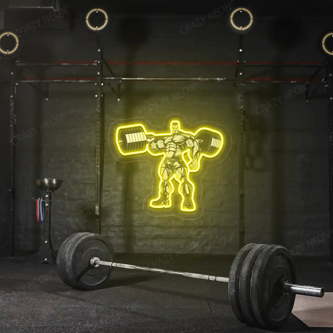 yellow bodybuilder power flex gym neon artwork mounted on a wall