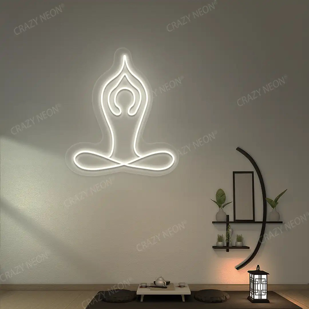 Padmasana With Raised Arms Yoga Neon Sign lighting up in warmwhite color in a yoga room