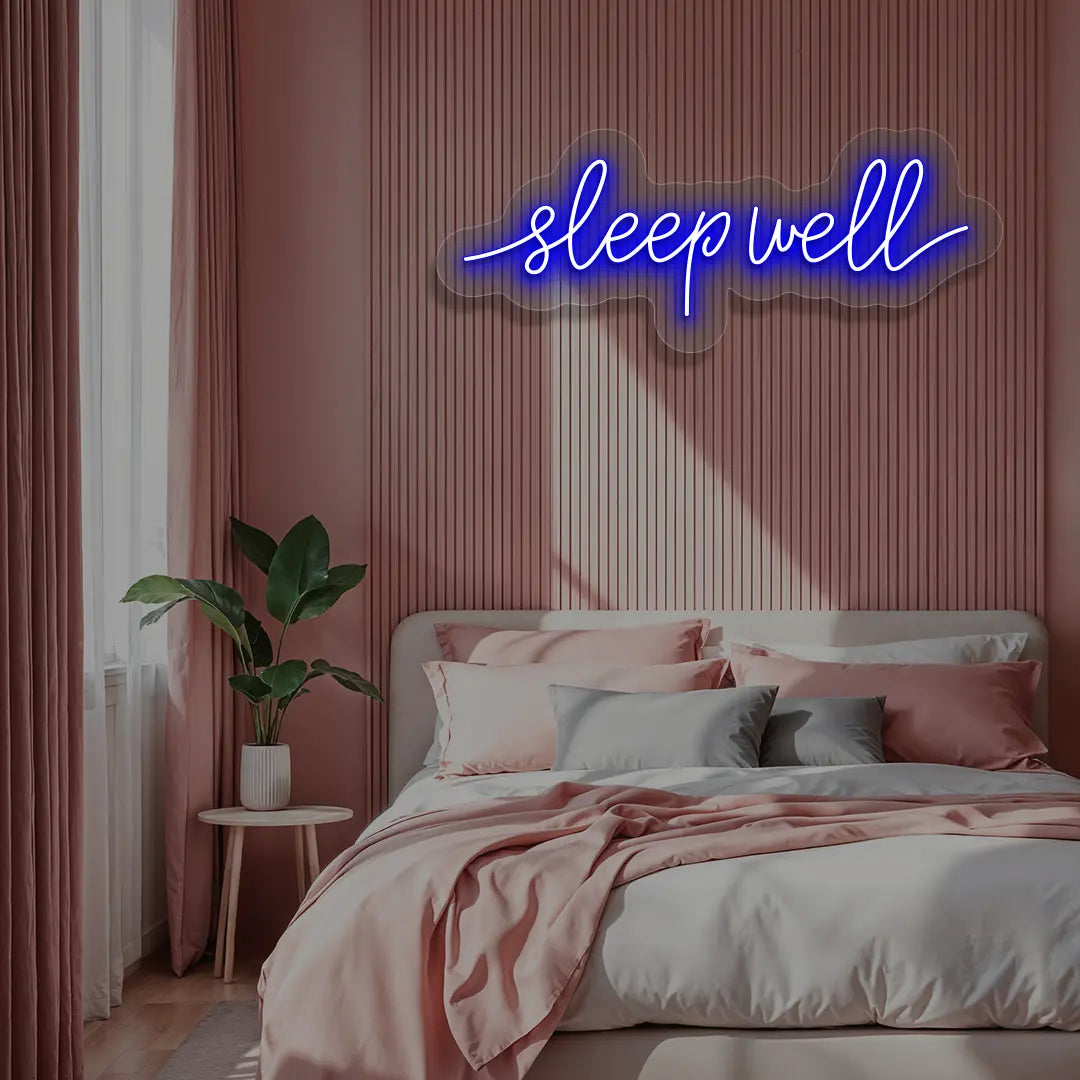 blue sleepwell neon sign mounted on a wall