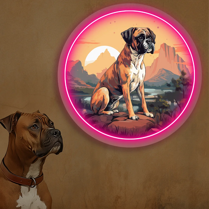 Desert Sunset Boxer Dog Neon Artwork in Pink Color