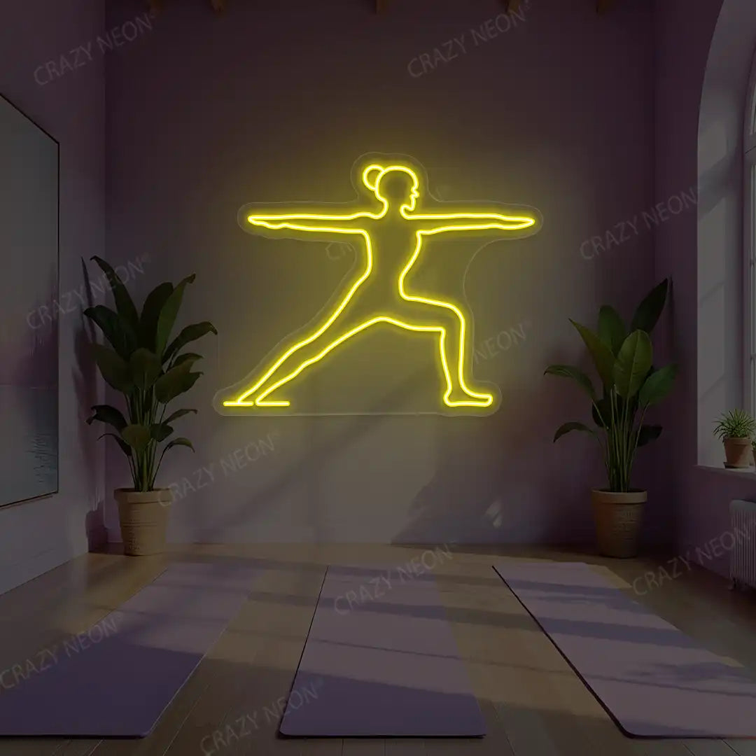 Virabhadrasana II Yoga Neon Sign lighting up in yellow color in a yoga room