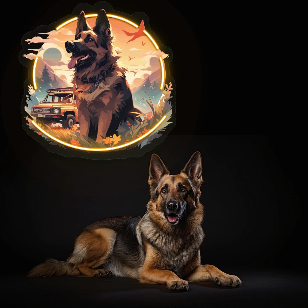 Adventure Trail German Shepherd Neon Artwork in Yellow color
