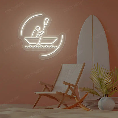 warm white solo rowing boat neon sign mounted on a wall