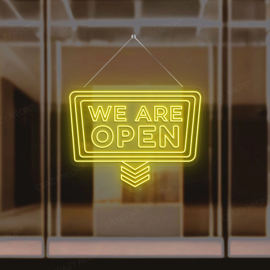 We Are Open Sign with downward Arrow | yellow