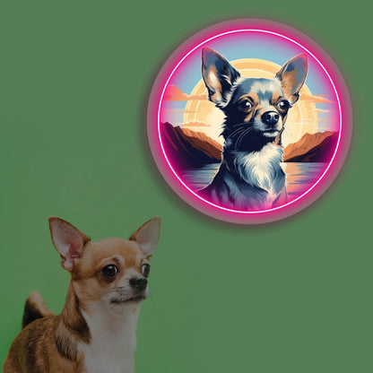 Sunset Lake Chihuahua Portrait Neon Artwork in pink color